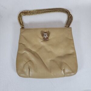 Ruth Saltz Cream Leather Purse, Gold Chain & Panther Head, Vintage 70s